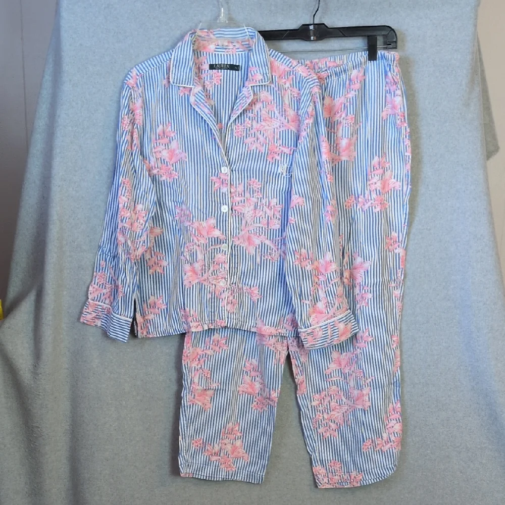 Lauren Ralph Lauren Blue & Pink Striped Floral Pajama Set
